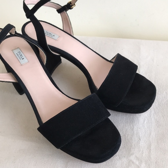 EUC Furla Italy sz 39 sandal heels black suede chunky heel strappy ankle strap - Picture 9 of 14